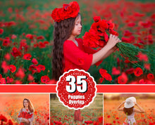 Load image into Gallery viewer, 35 red poppies overlays, poppy photo overlay, summer flower field, Photoshop Digital Backgrounds, Digital Download, art painted flower png