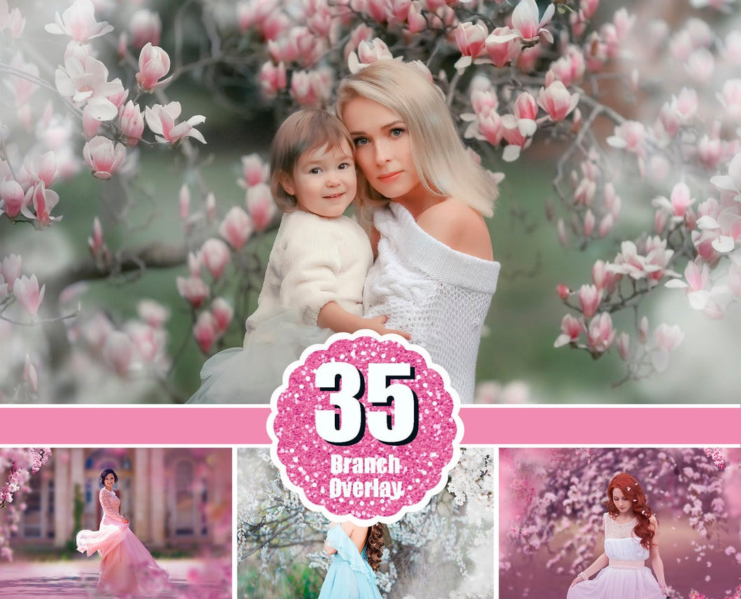 35 Blooming spring branch overlays, cherry blossom, flowering trees, pastel Spring painted, photo layer, Blur Photo for Photographers, png