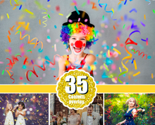 Load image into Gallery viewer, 35 Confetti photo Photoshop overlays, realistic falling confetti, wedding birthday party celebration, blowing glitter, PNG