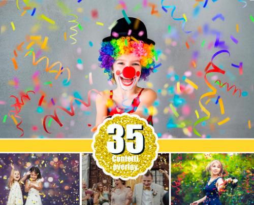 35 Confetti photo Photoshop overlays, realistic falling confetti, wedding birthday party celebration, blowing glitter, PNG