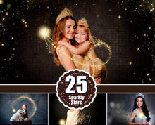 Load image into Gallery viewer, 25 Sparkle stardust photo overlay, magic Wand Photoshop overlay, Golden glitter, Gold Stars, light shine effect, bokeh, fairy dust, png