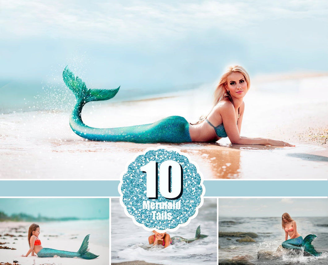 10 Mermaid shimmer tails Clipart, Photoshop Overlays, sea beach Ocean Water baby child girl women Portrait, Digital Backdrop, png