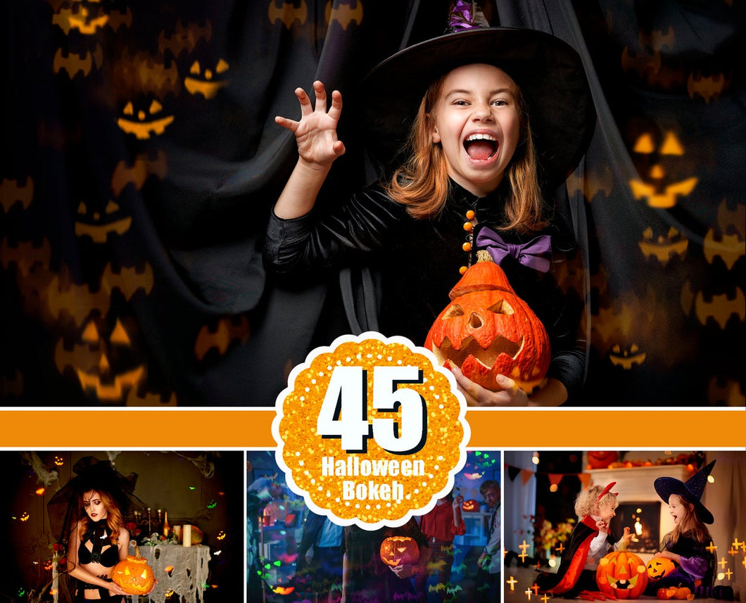 45 Halloween Bokeh Overlays, Photoshop Overlay, light effect, pumpkin ghost bat cross bokeh, spooky flying ghost, digital background, jpg