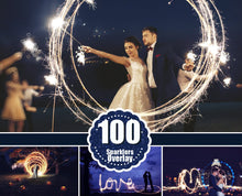 Load image into Gallery viewer, 100 Wedding Sparklers Photoshop Overlays, Light painting words, Freezelight Effect, Digital Download, long exposure sparklers jpg file