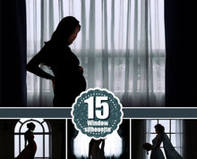Load image into Gallery viewer, 15 Window silhouette maternity, black sheer curtain wall decor digital background, digital backdrop, Portrait photo, Photoshop Overlays, jpg