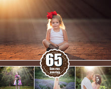Load image into Gallery viewer, 65 Sun ray overlay, sunlight rays, sunbeams, lens flare, natural light sun overlays, sunshine, sunlight, Photoshop Overlays, jpg