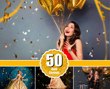 Load image into Gallery viewer, 50 Gold blowing glitter confetti Photoshop Mix overlays, bokeh blow, magic Overlay, dust effect, wedding photo, gold, png file