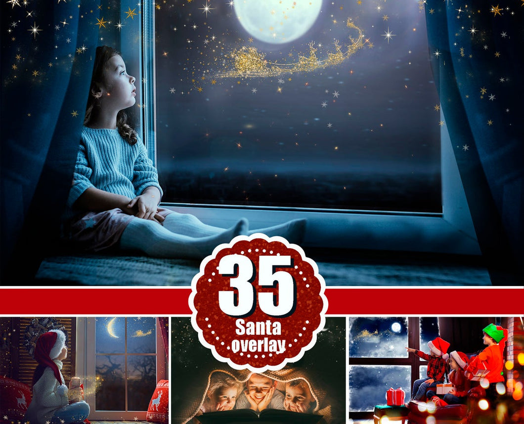 Santa flying over the moon, Photoshop window overlay, Christmas sky, Waiting For Santa, Sanra deer, winter, snow, holiday, xmas, stars, png