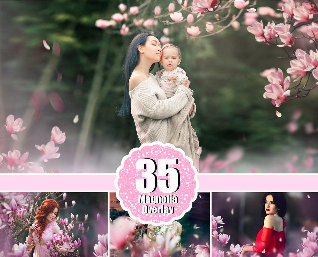 35 Magnolia spring summer tree branch overlays, flower pastel painted photo layer, Blur Photo for Photographers, falling petals, png