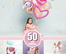 Load image into Gallery viewer, 50 Pink Gold foil Number Balloons, Photoshop Mix Overlays, digital backdrop, Balloon unicorn clipart, birthday, holiday, party, png