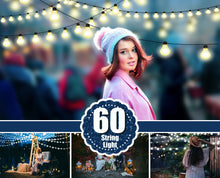 Load image into Gallery viewer, 60 String light photo overlays, Fairy Light clipart, Christmas New Year lights, digital backdrop, glowing lights, bokeh, Photoshop overlays