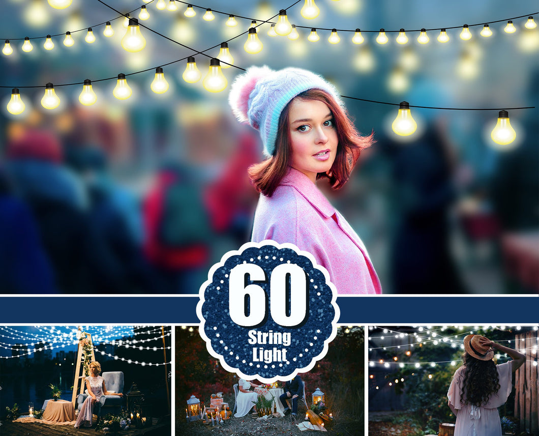60 String light photo overlays, Fairy Light clipart, Christmas New Year lights, digital backdrop, glowing lights, bokeh, Photoshop overlays