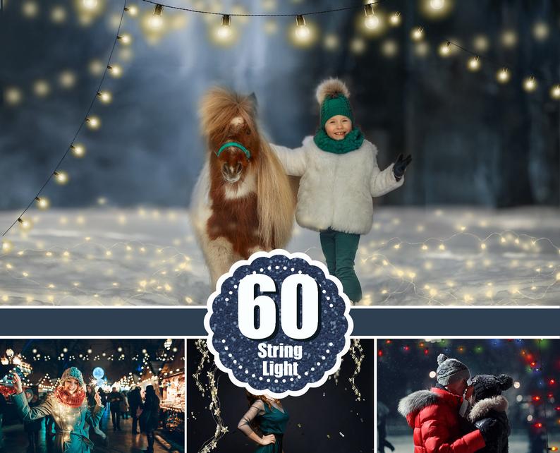 60 Christmas string light photo overlays, Fairy New Year Holiday lights, digital backdrop, glowing lights, bokeh, Photoshop Mix overlay, png