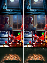 Load image into Gallery viewer, Santa flying over the moon, Photoshop window overlay, Christmas sky, Waiting For Santa, Sanra deer, winter, snow, holiday, xmas, stars, png