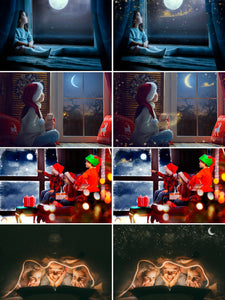 Santa flying over the moon, Photoshop window overlay, Christmas sky, Waiting For Santa, Sanra deer, winter, snow, holiday, xmas, stars, png