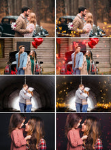Load image into Gallery viewer, 35 heart Valentine&#39;s Day bokeh, magic shine lights photo, gold red heart Valentine bokeh, love photo, digital backdrop, out of focus, jpg