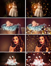 Load image into Gallery viewer, 100 star heart gold magic shine bokeh Photoshop Overlays, Christmas, shine photo effect, digital backdrop, digital background, jpg