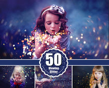 Load image into Gallery viewer, 50 Blowing Glitter Photoshop Overlays, Bokeh blow, magic Overlay, Confetti overlays, dust effect, wedding photo, JPG file