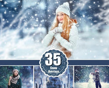 Load image into Gallery viewer, 35 Snow Photoshop Overlays, snowscapes backdrops, realistic snowflakes, winter photo, freezelight effect, christmas sessions png file