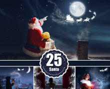 Load image into Gallery viewer, Santa flying over the moon, window overlay, Photoshop overlays, Christmas background, fairy lights, Waiting For Santa, Sanra deer, png