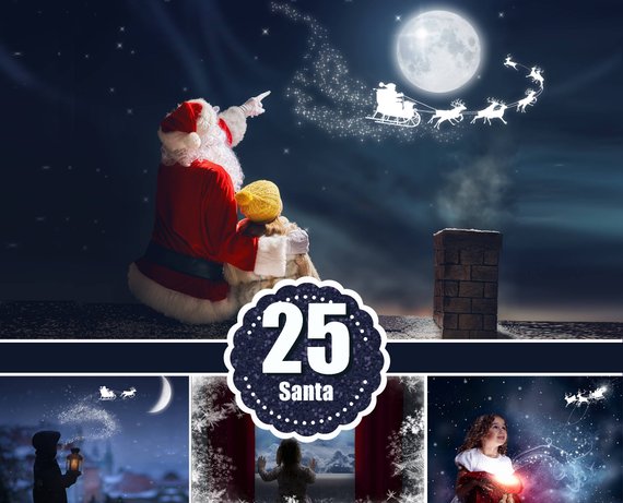 Santa flying over the moon, window overlay, Photoshop overlays, Christmas background, fairy lights, Waiting For Santa, Sanra deer, png