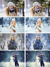 Load image into Gallery viewer, 35 Snow Photoshop Overlays, snowscapes backdrops, realistic snowflakes, winter photo, freezelight effect, christmas sessions png file