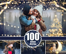 Load image into Gallery viewer, 100 golden magic shine bokeh Photoshop Overlays, digital backdrop, Tree Lights sparkles, Golden Garland, wedding and baby Sessions jpg