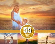 Load image into Gallery viewer, 55 sunset sky, skies overlay, beach, realistic, romantic, english, pastel Sky, Photoshop Overlays, Gold Collection cloud, jpg