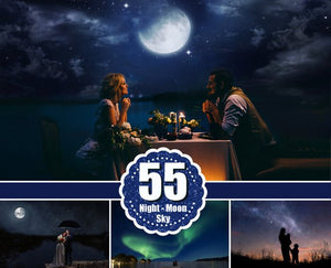 55 night moon sky Photoshop Overlays, beautiful dark starry realistic nature skies, clouds effect, northern lights, digital backdrop, jpg
