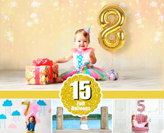 15 Foil Number Balloons, Photoshop Overlays, Gold, Silver, digital backdrop, Balloon, Birthday, holiday, photo overlay, clipart, png file