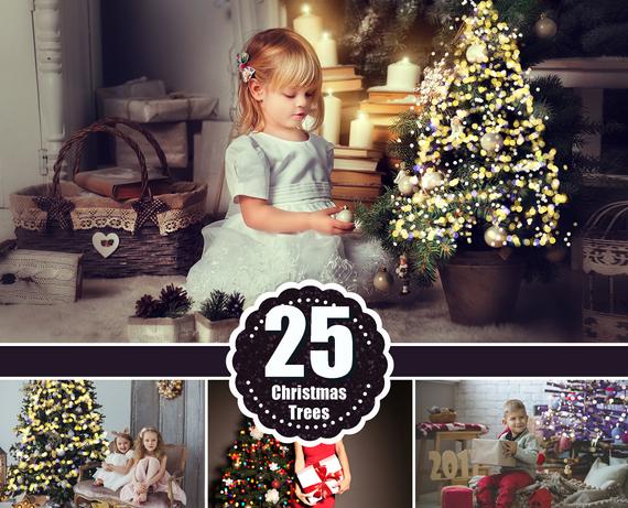 25 Christmas Trees Lights, Gold Bokeh, Photo overlays, Photoshop overlay, Holiday New Year Winter Light, Digital background, JPG file