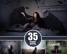 Load image into Gallery viewer, 35 Black Feather Overlays, photoshop overlays, Angel, Feather, Photo Overlays, Flying Feathers, digital backdrop, clipart, png
