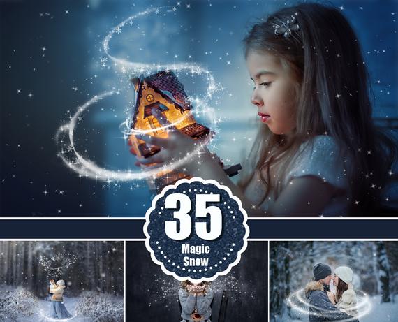 35 Magic snow snowflakes overlays, Christmas overlays, digital backdrop, winter, Photoshop Overlays, star, real snow, shine, png file