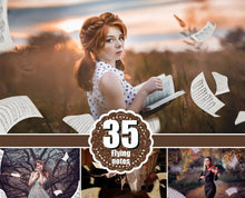 Load image into Gallery viewer, 35 Flying sheet music notes overlays, fly dreams, magic book, lightning, Photoshop Overlay, fairy dreamy fantasy overlays, png file